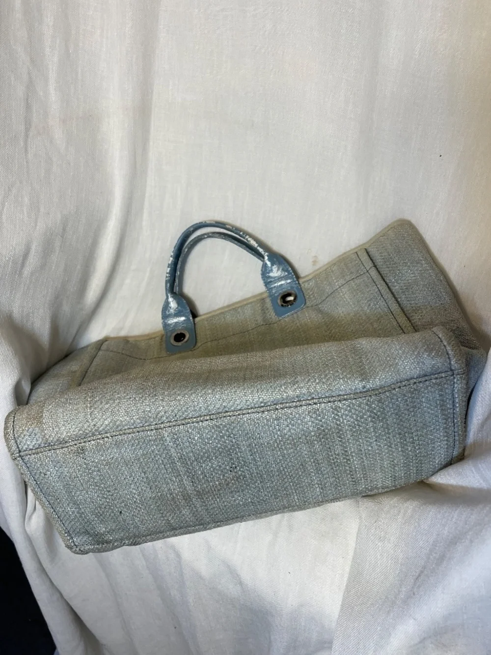 CHANEL Beige Canvas Tote with Blue Handles